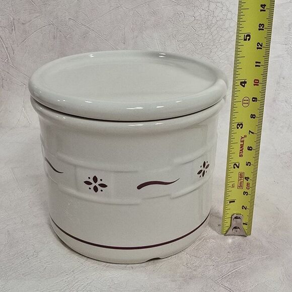 Longaberger 4" Pottery Heritage Red White One Pint Crock with lid - Picture 2 of 8